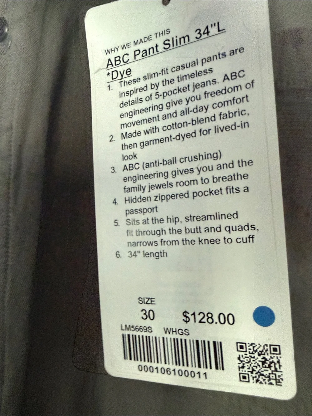 lululemon athletica Men's ABC Pant Slim 34”L in Washed Heathered Grey Sage